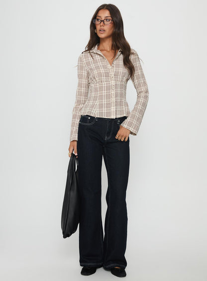 Cottesloe Long Sleeve Blouse Top Brown Check