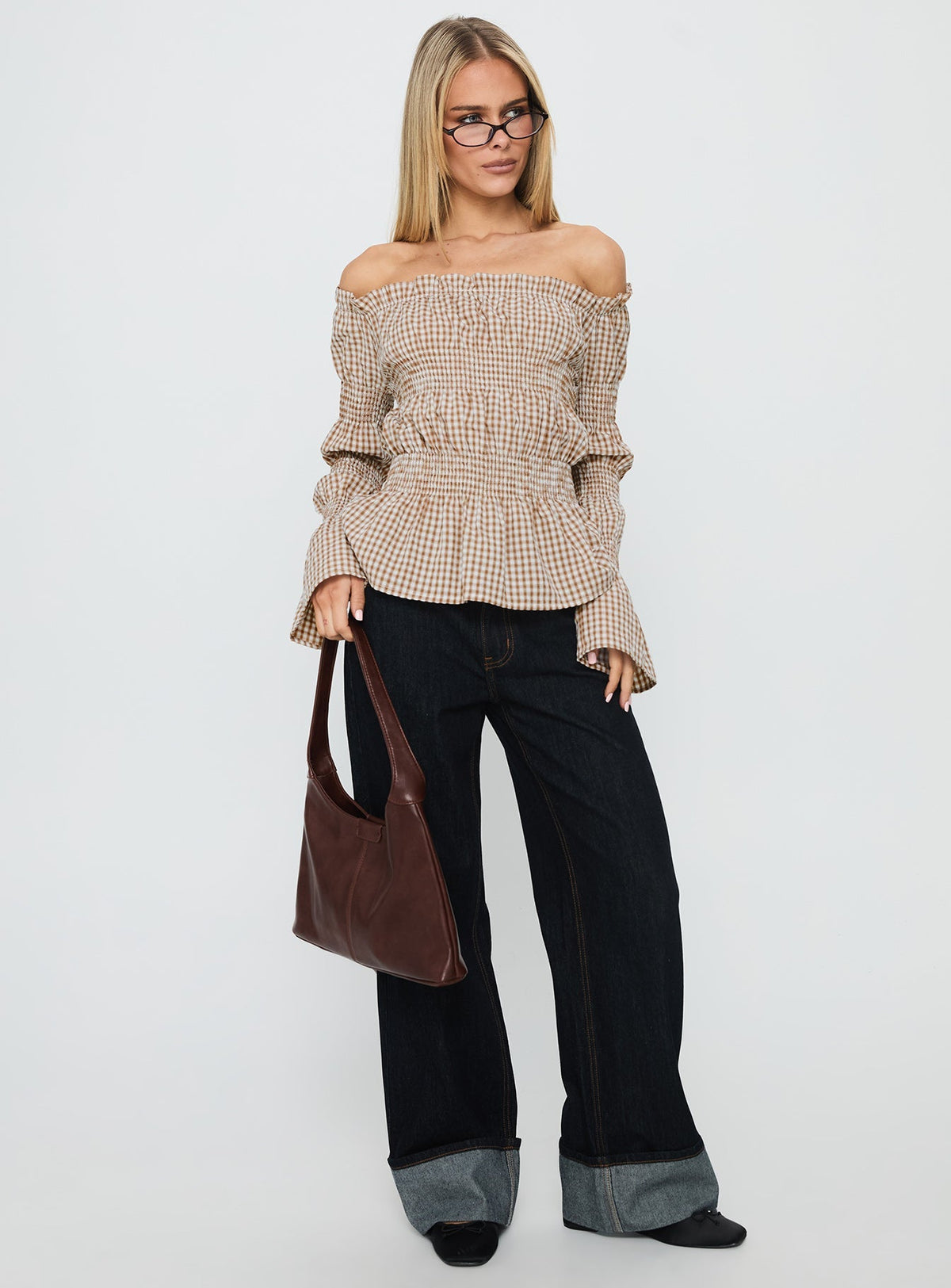 Kaitlynne Off Shoulder Long Sleeve Top Brown Check