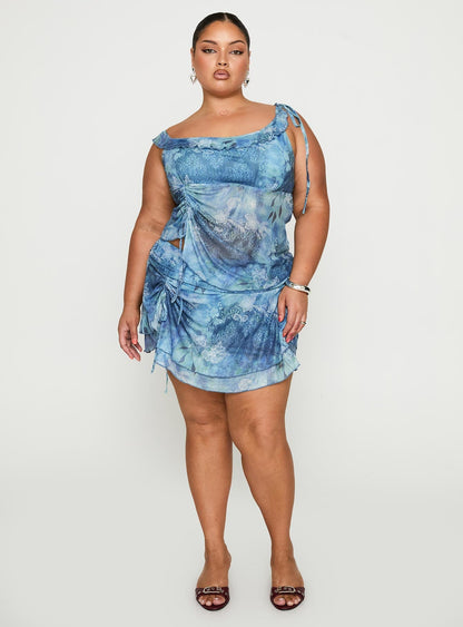 Rosee Off Shoulder Frill Top Blue Mutli Curve