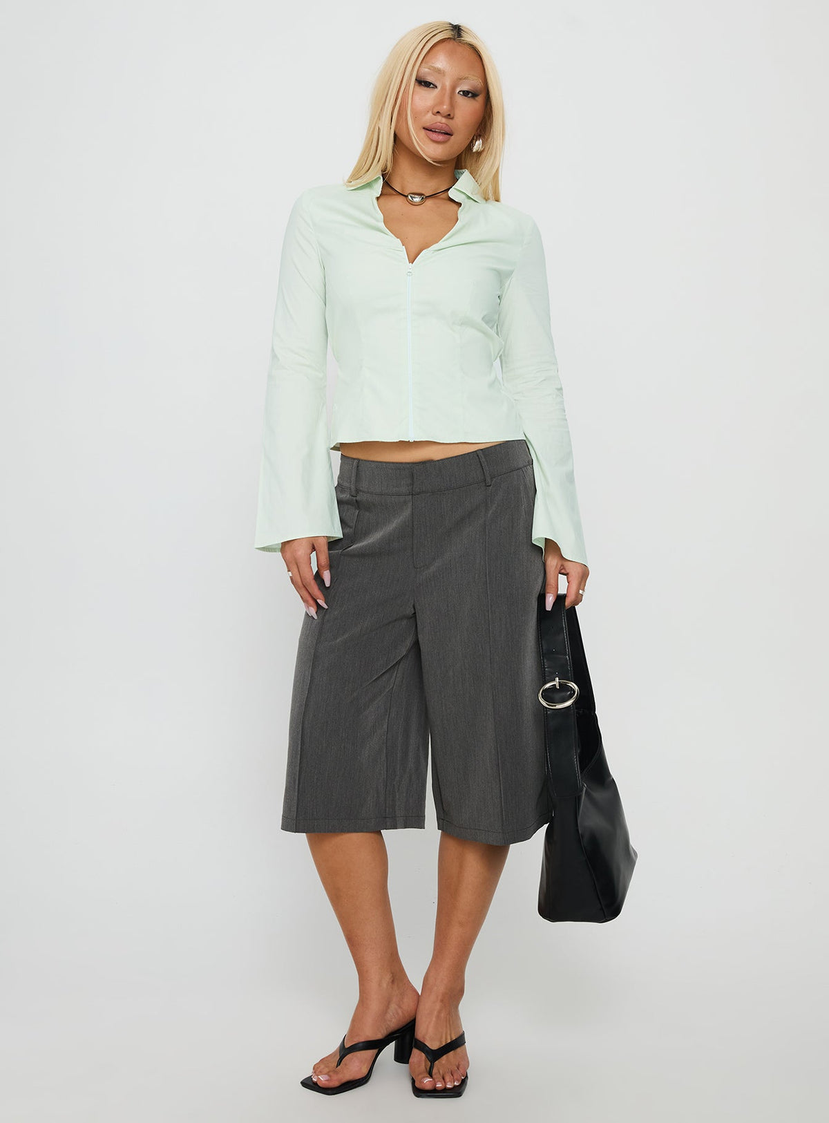 Fame Game Zip Up Collared Top Mint
