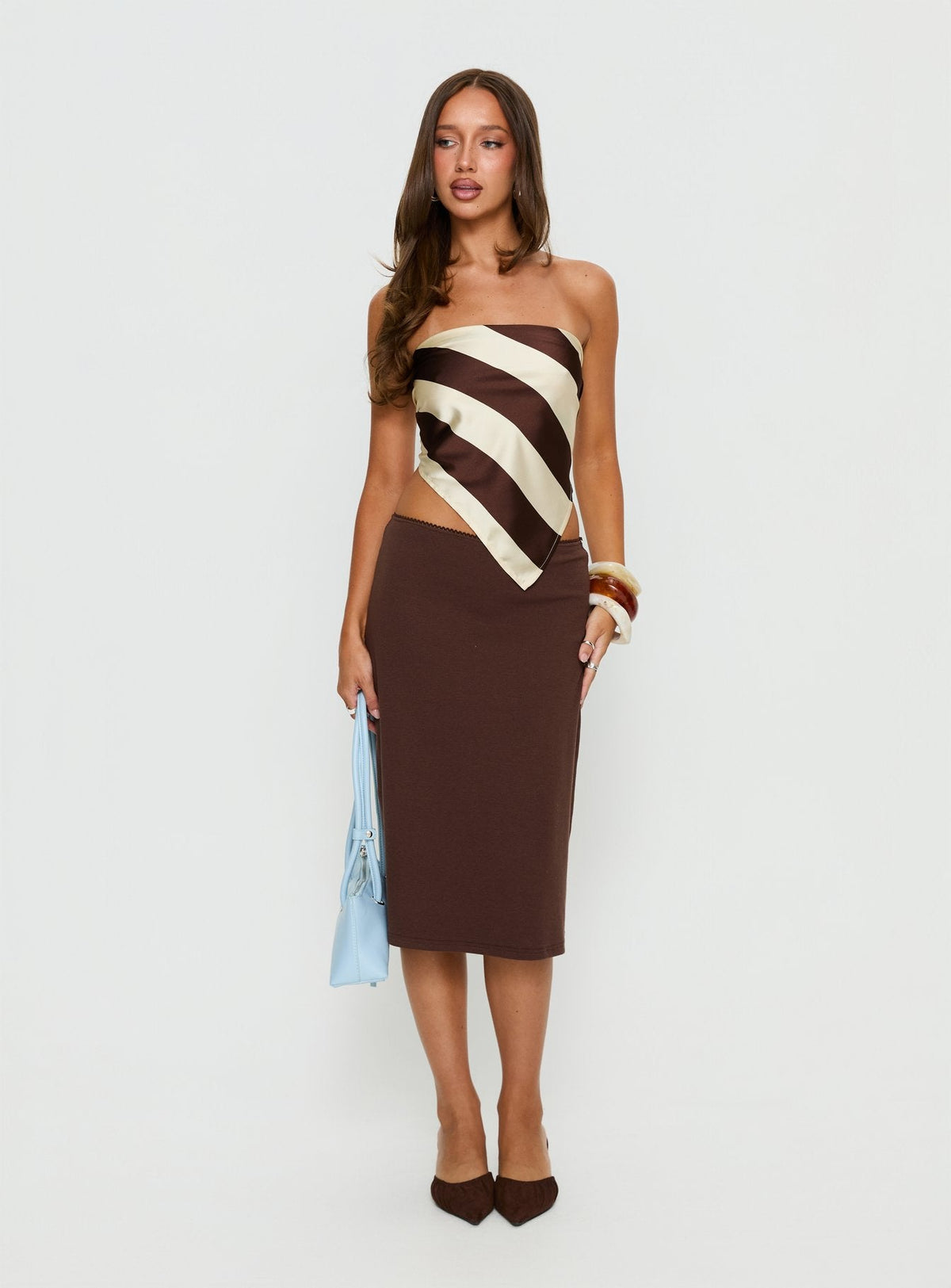 Lailana Tie Back Strapless Scarf Top Brown Stripe