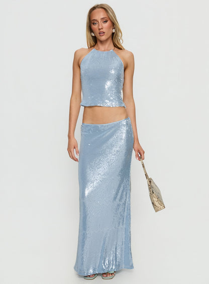 Emalia Halter Sheer Sequin Top Blue
