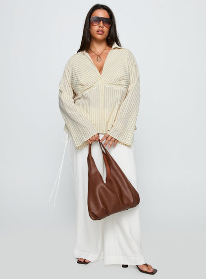 Life Begins Long Sleeve Lace Trim Top Cream Stripe Curve