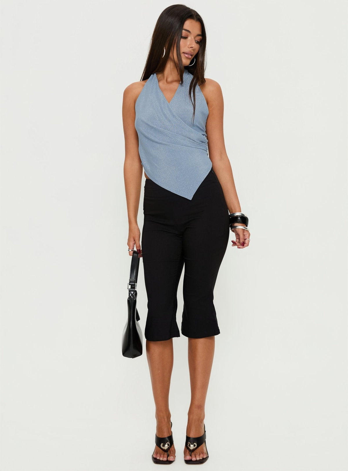 Lillyan Cross Front Backless Top Blue Shimmer