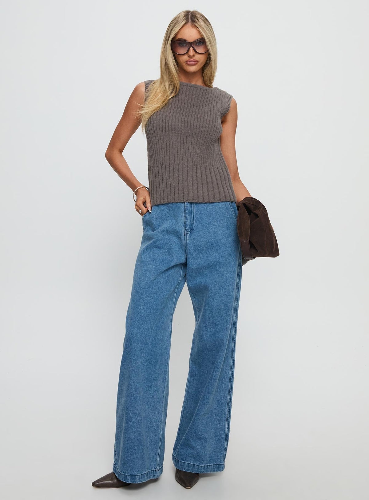 Peerless Ribbed Sleeveless Top Charcoal