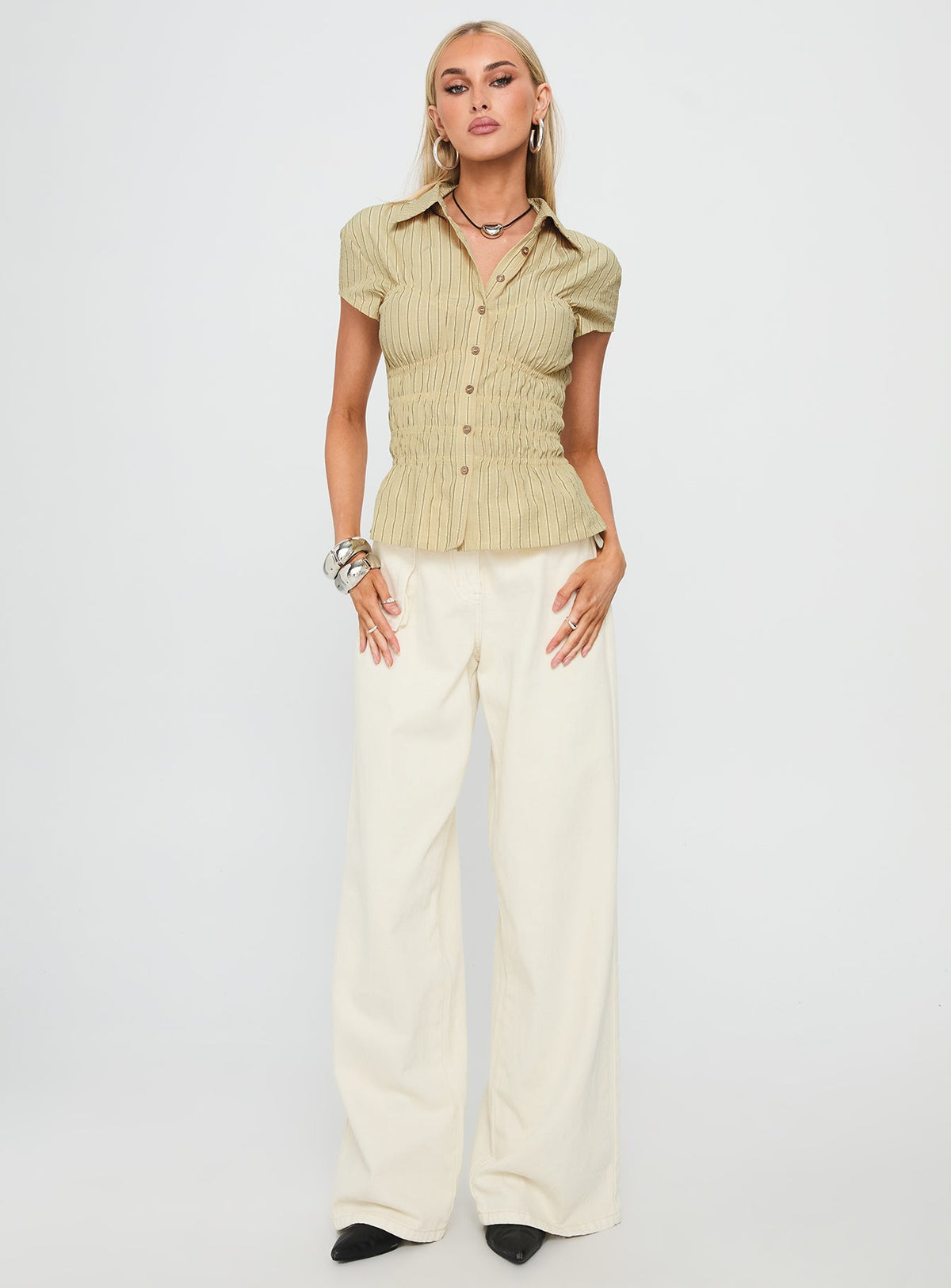 Liesel Shirred Short Sleeve Top Butter Stripe