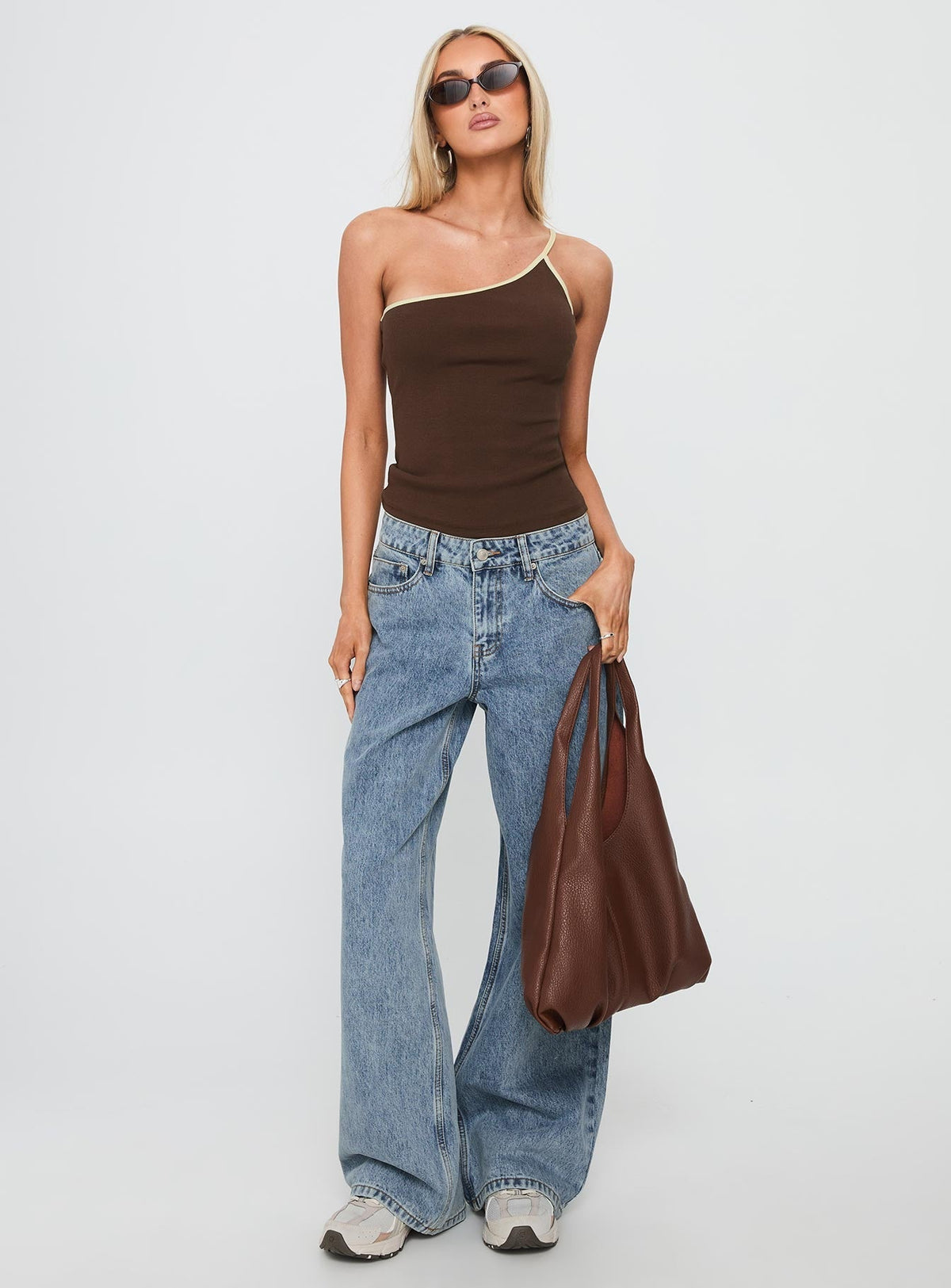 Hold It Down One Shoulder Contrast Top Chocolate / Yellow