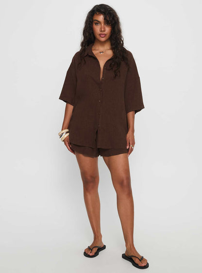 Peni Linen Button Down Top Chocolate
