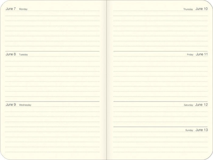 Two pages of a planner showing a weekly layout with days of the week and dates.