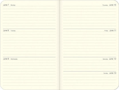 Two pages of a planner showing a weekly layout with days of the week and dates.