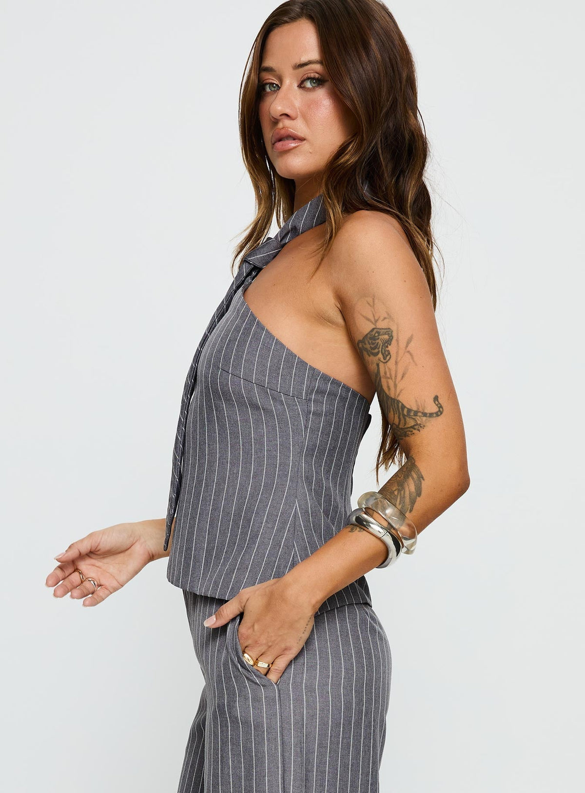 Uvelia Tie Detail Top Grey Pinstripe