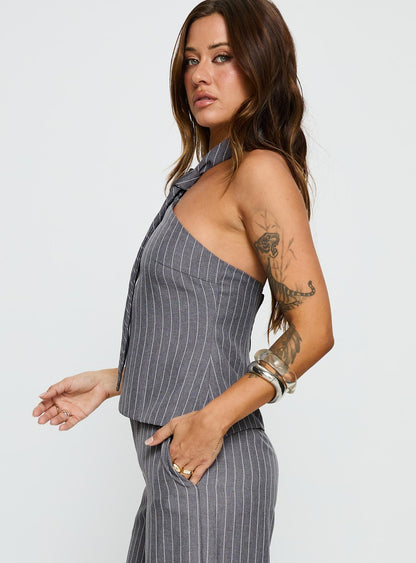 Uvelia Tie Detail Top Grey Pinstripe
