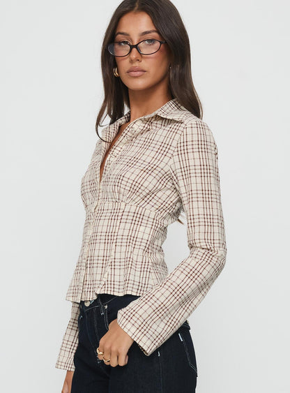 Cottesloe Long Sleeve Blouse Top Brown Check