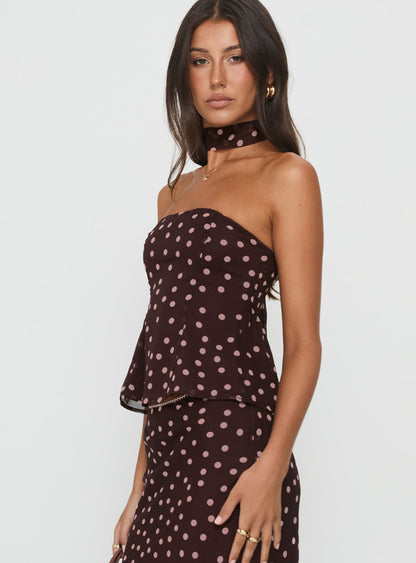 Sydni Scarf Detail Strapless Top Chocolate / Pink Polka Dot