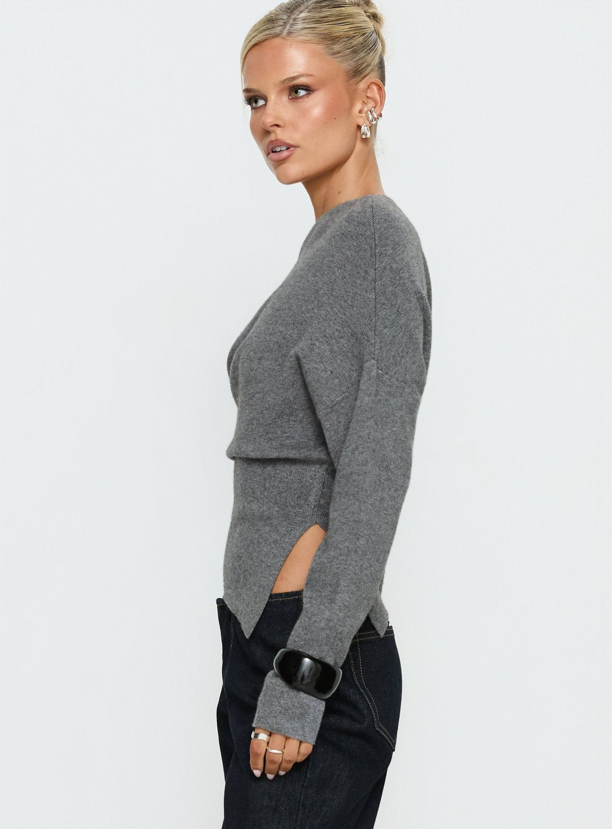 Kaelith Off shoulder Knit Sweater Dark Grey