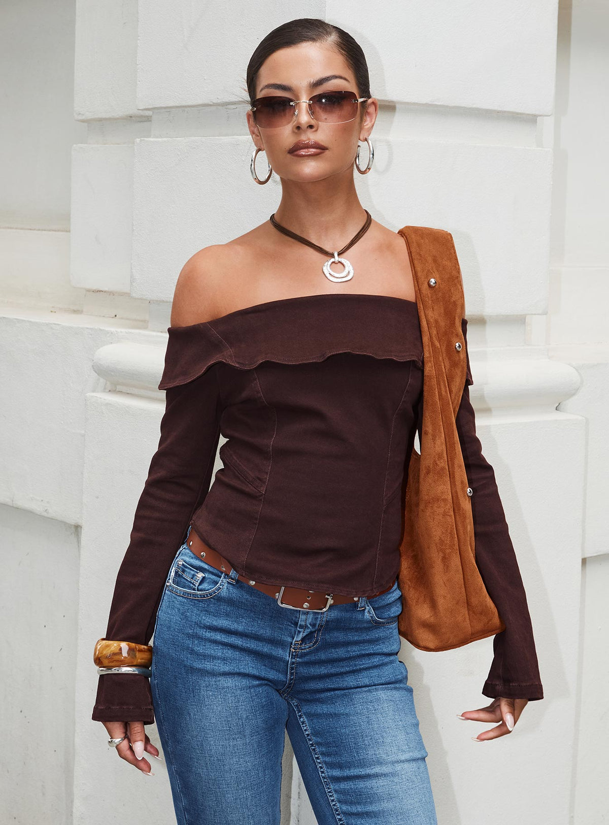 Everwood Off Shoulder Top Chocolate Denim