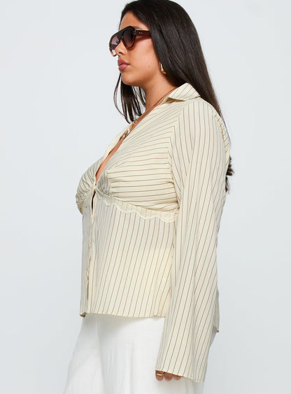 Life Begins Long Sleeve Lace Trim Top Cream Stripe Curve