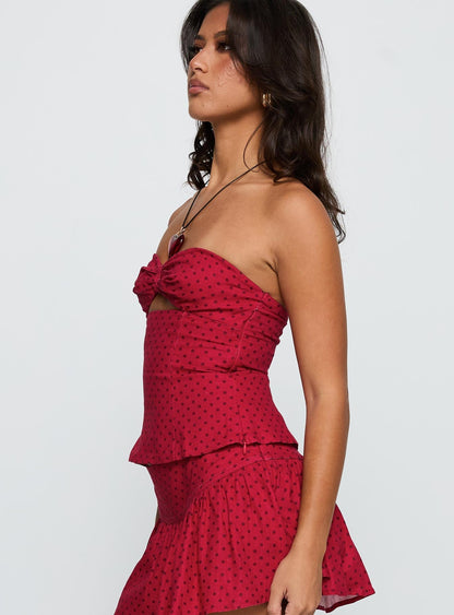 Kandee Twist Linen Blend Top Red Polka