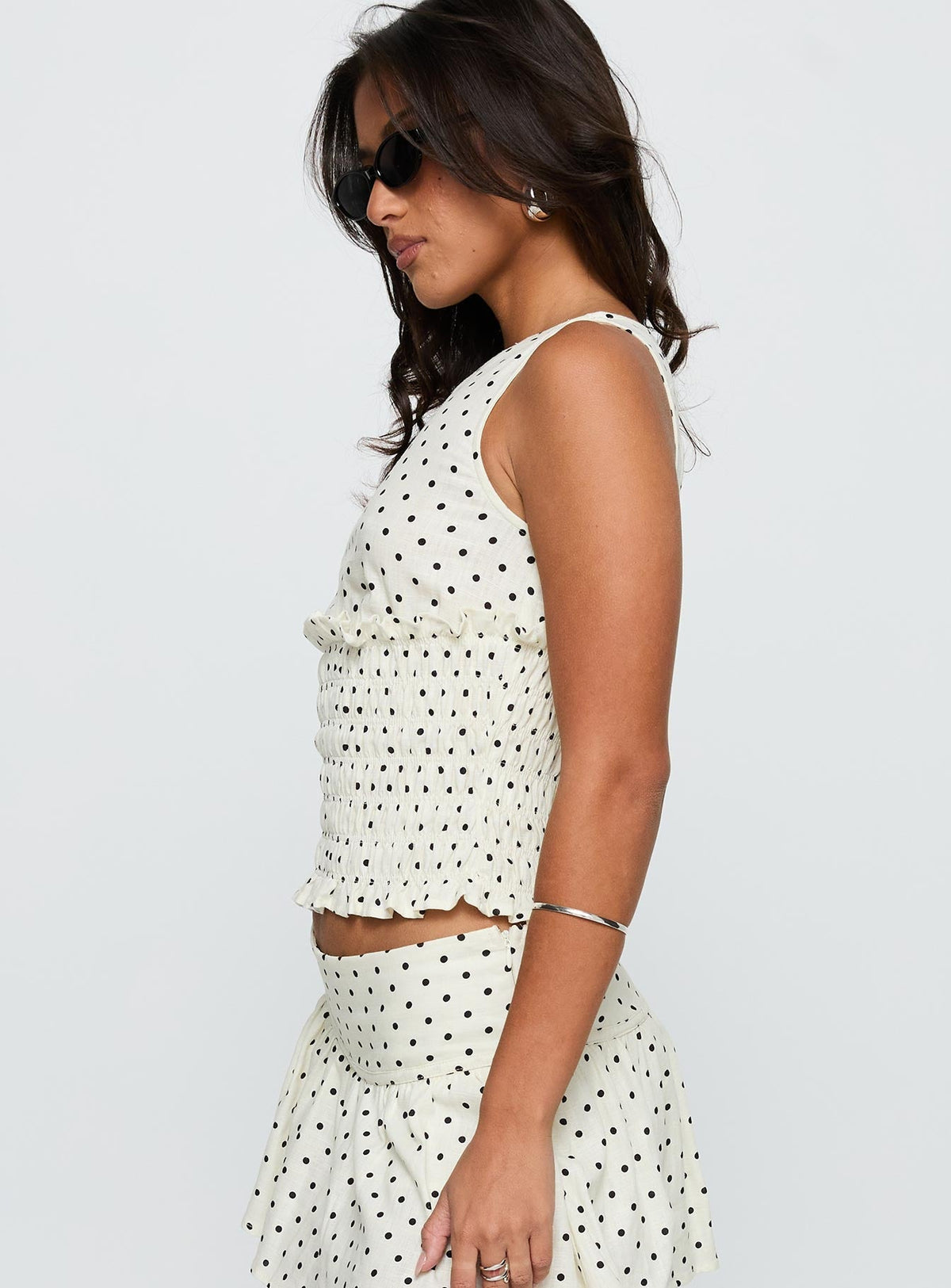 Roxee Ruched Linen Blend Top Cream Polka Dot