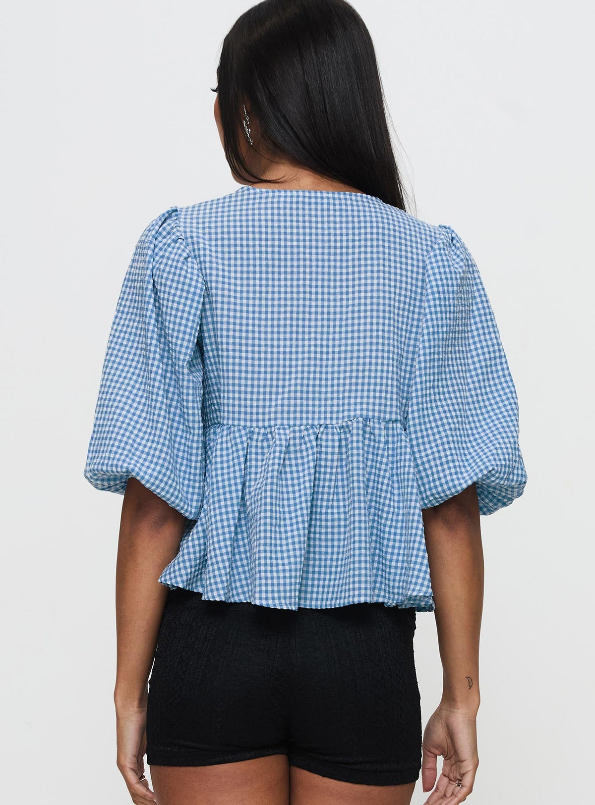Full House Tie Up Blouse Top Blue Plaid