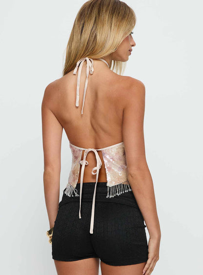 Udelle Sequin Fringey Halter Top Cream Sequin