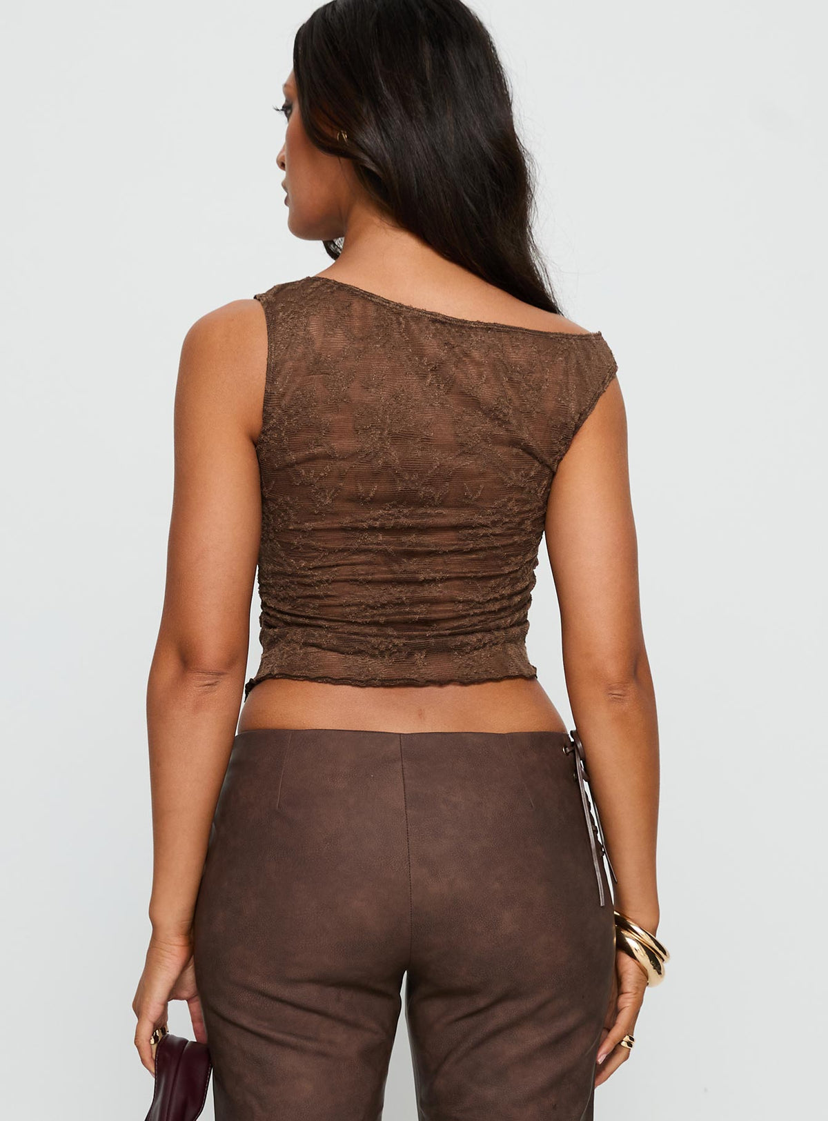Decia One Shoulder Lace Top Brown