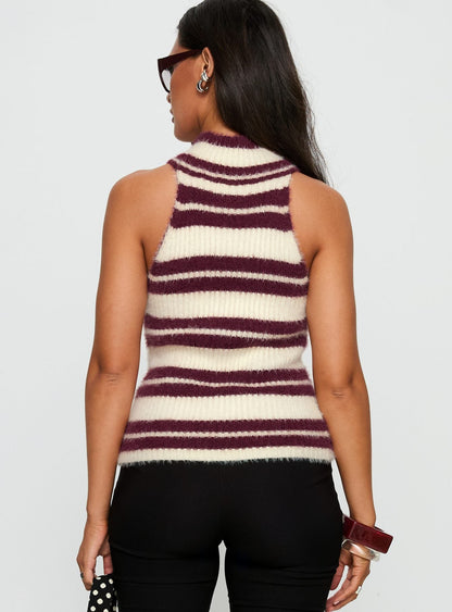 Heide High Neck Fluffy Top Burgundy Stripe