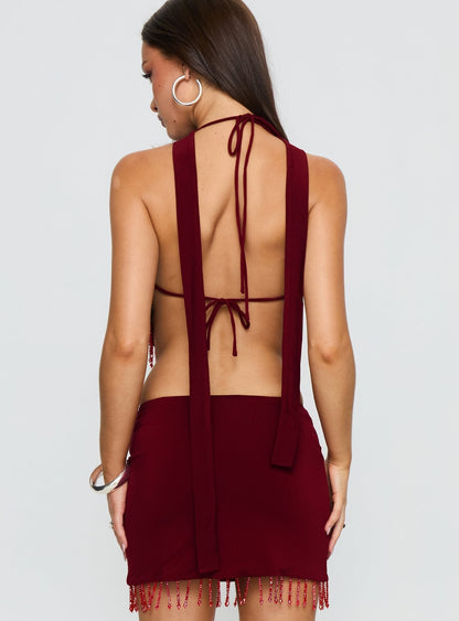 Ginah Bead Tassel Cowl Neck Top Red