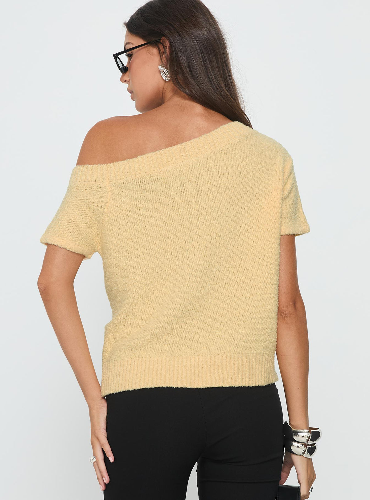 Nori Boucle Off Shoulder Slouchy Top Butter Yellow