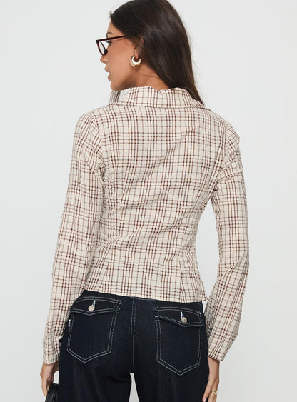 Cottesloe Long Sleeve Blouse Top Brown Check