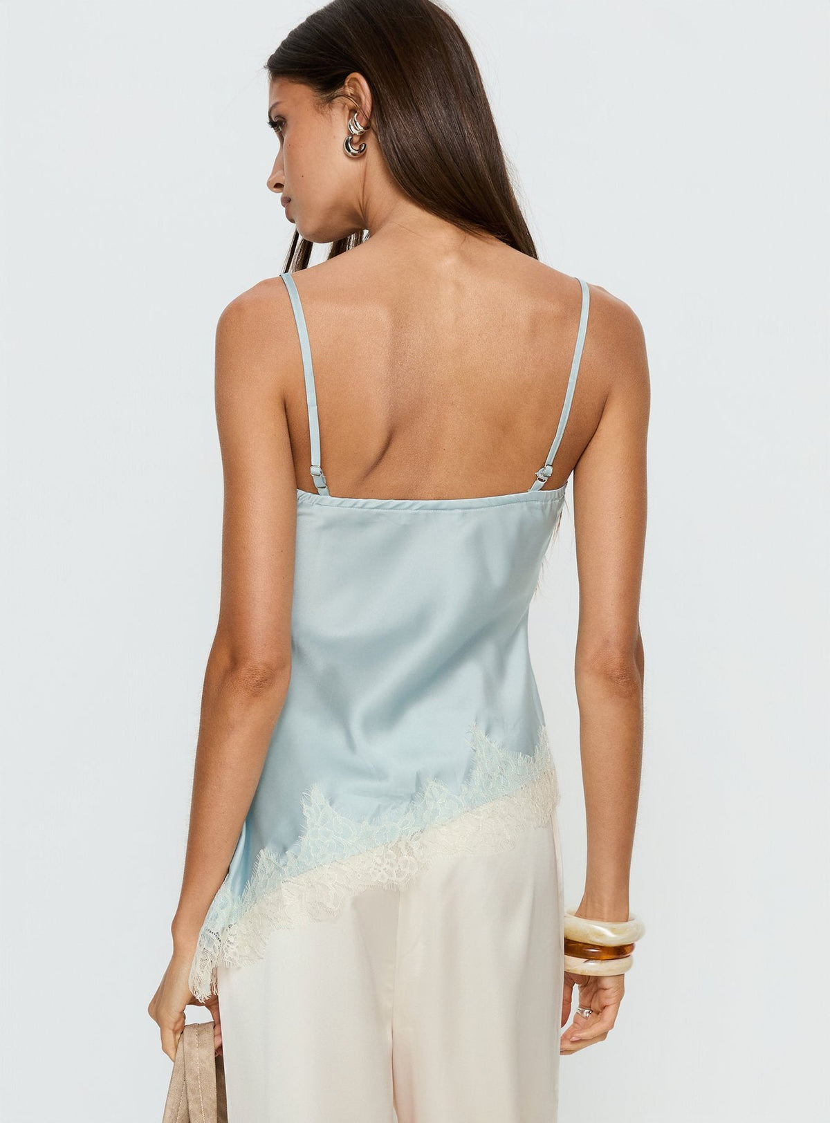Winta Lace Trim Asymmetrical Satin Top Blue
