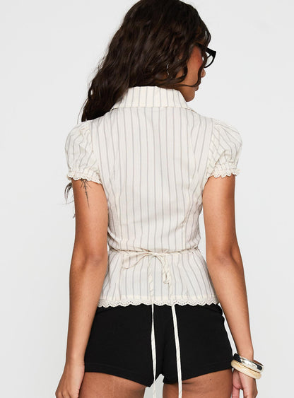 Deserve You Puff Sleeve Button Front Top Cream Stripe