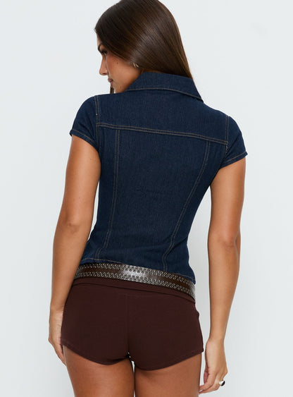 Liyana Denim Zip Up Short Sleeve Shirt Mid Blue