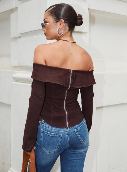 Everwood Off Shoulder Top Chocolate Denim