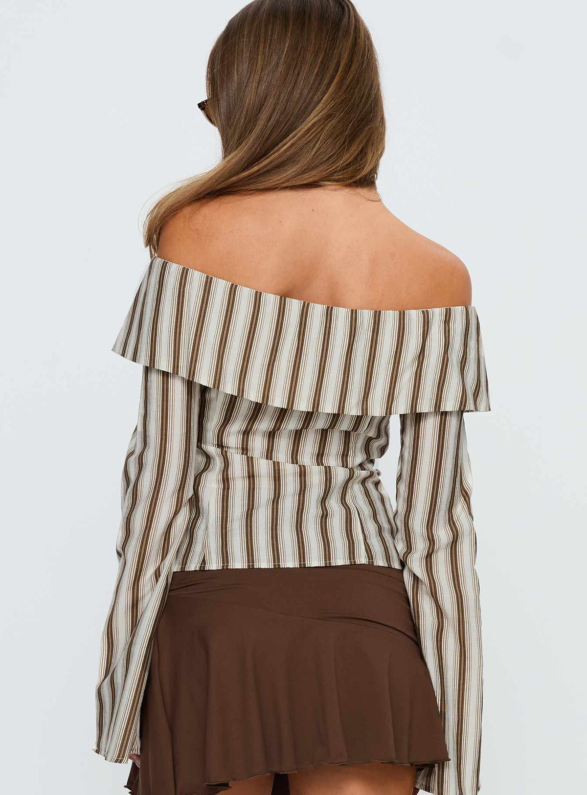 Knockout Off Shoulder Top Brown Stripe