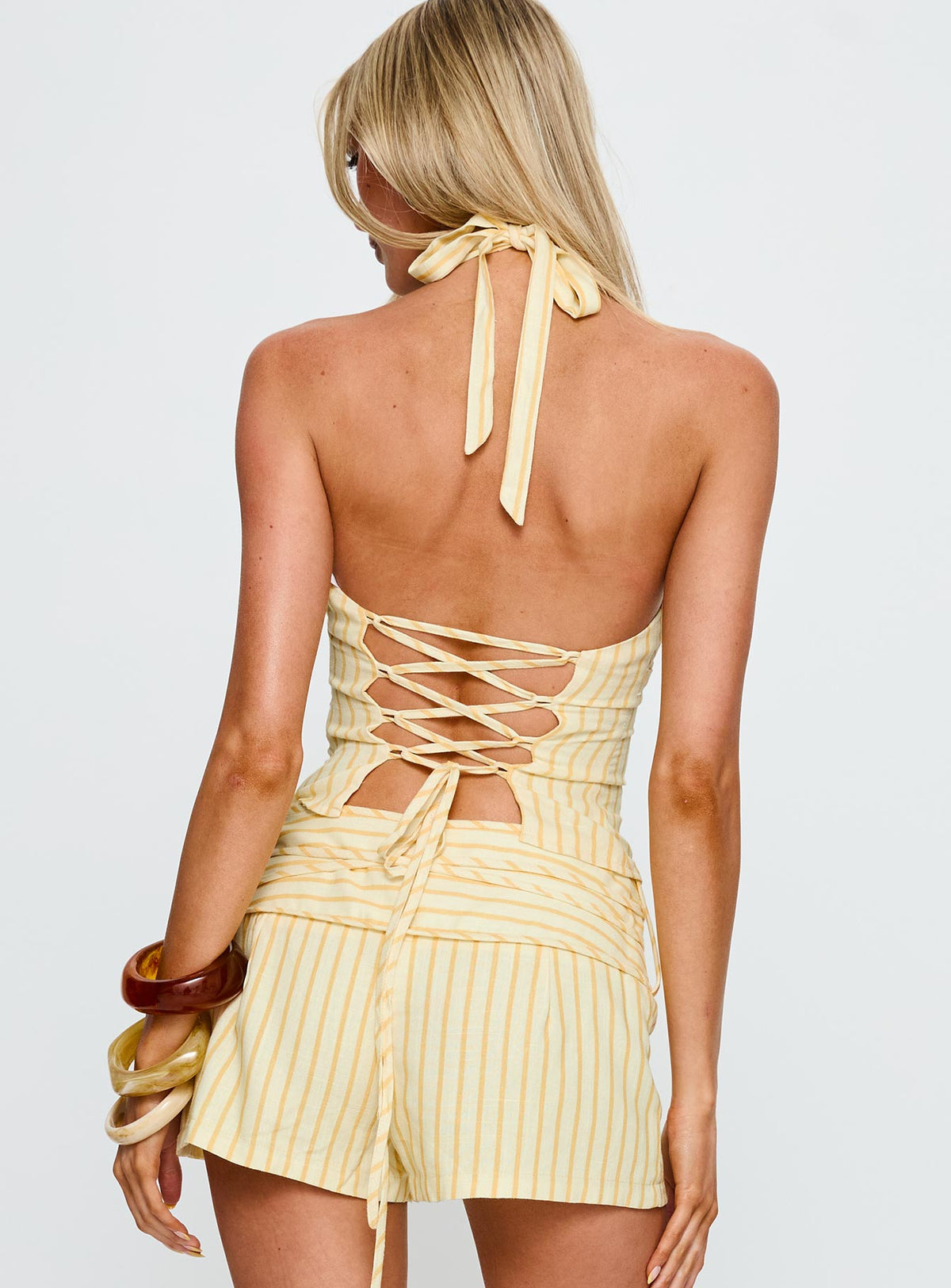 Electric Night Halter Tie Back Top Yellow Stripe