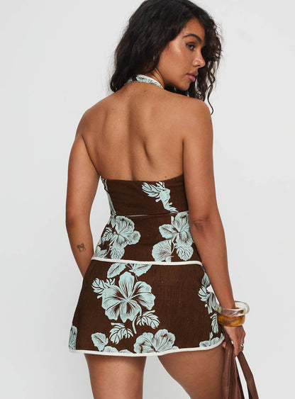 Anyah Halter Wrap Top Brown / Blue