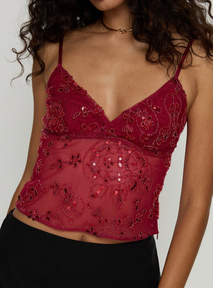 Halima Bead Detail Cami Top Red