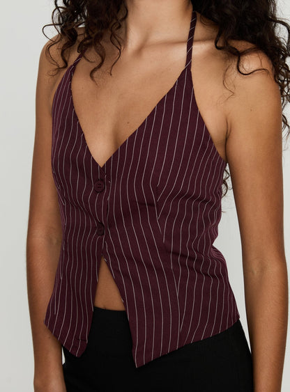 No Sleep Halter Top Burgundy Pinstripe