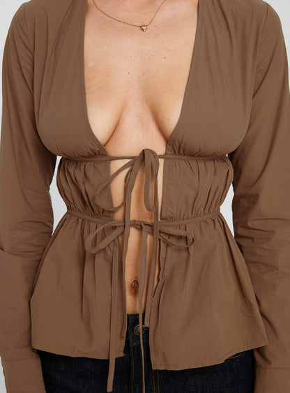 Every Page Long Sleeve Tie Detail Top Brown