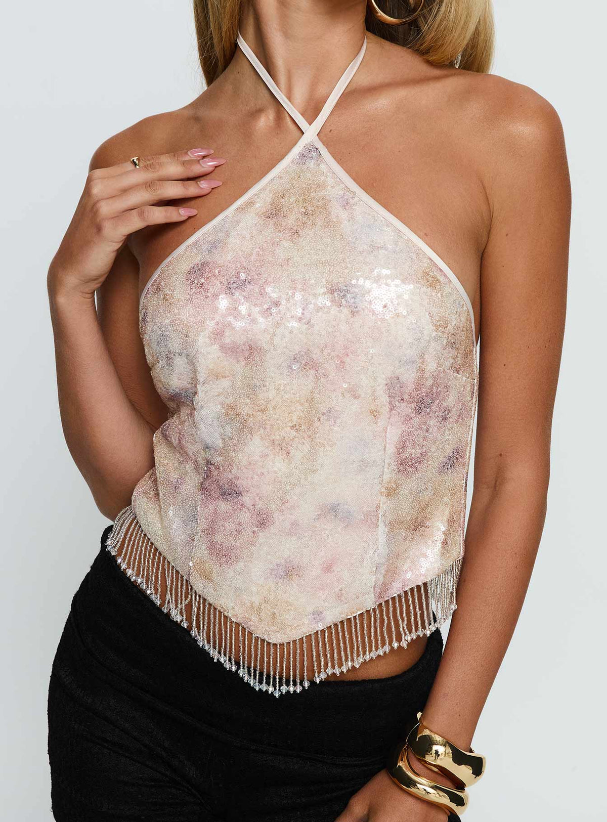 Udelle Sequin Fringey Halter Top Cream Sequin