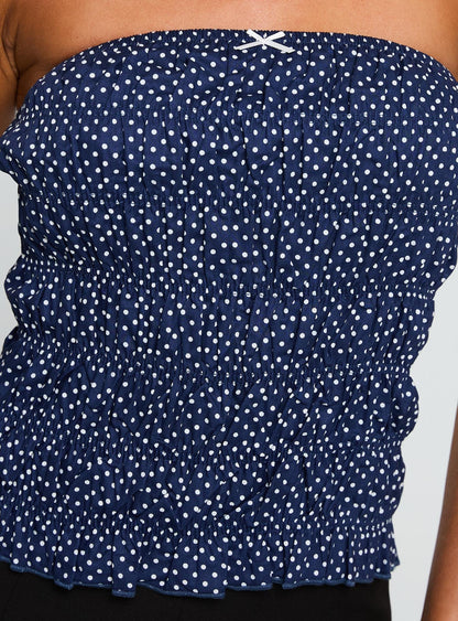 Fancy That Strapless Top Blue Polka