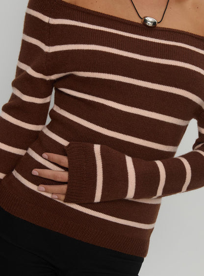 Out Of Reach Off Shoulder Knit Sweater Brown Stripe