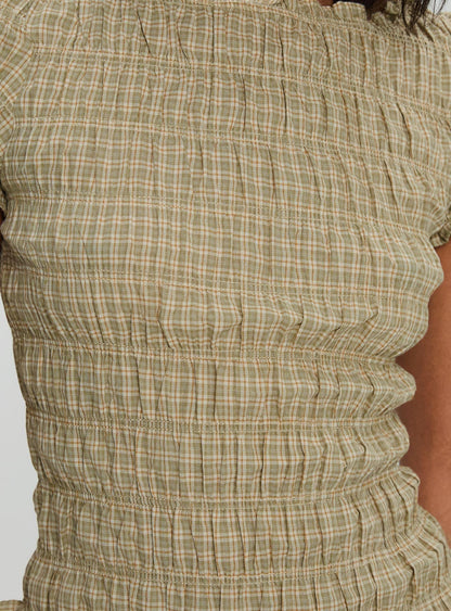 Romelle Shirred Top Green / Brown Plaid
