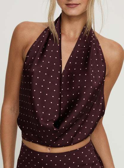 Keiana Plunge Neck Top Burgundy / Pink Polka