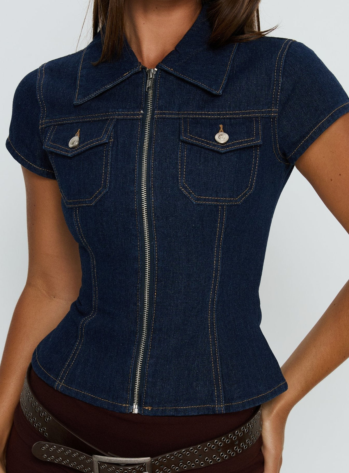 Liyana Denim Zip Up Short Sleeve Shirt Mid Blue