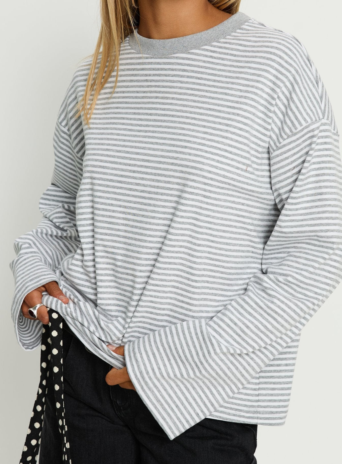 Settle Down Long Sleeve Top Grey / White Stripe