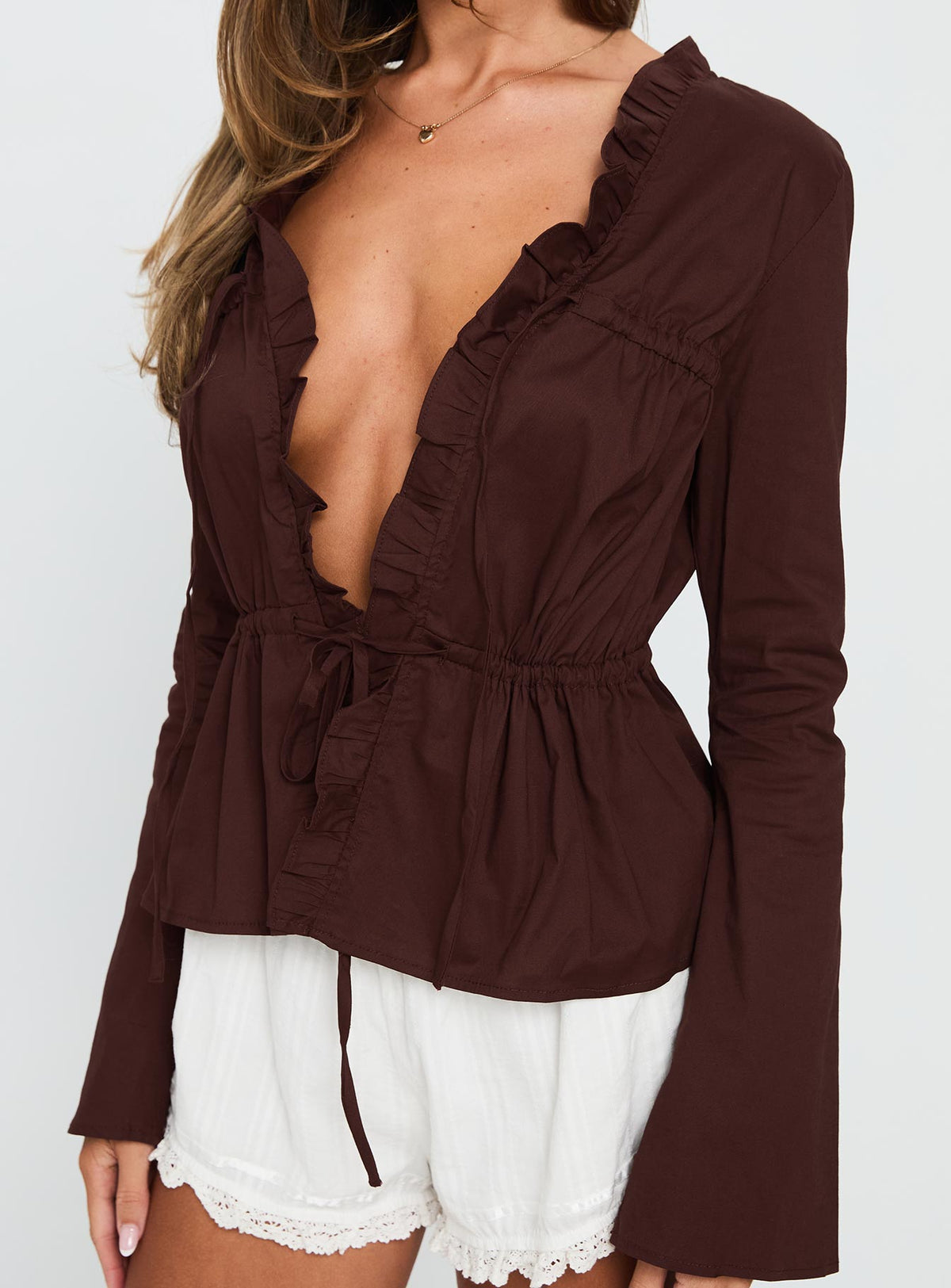 Harloe Ruched Tie Up Long Sleeve Top Chocolate