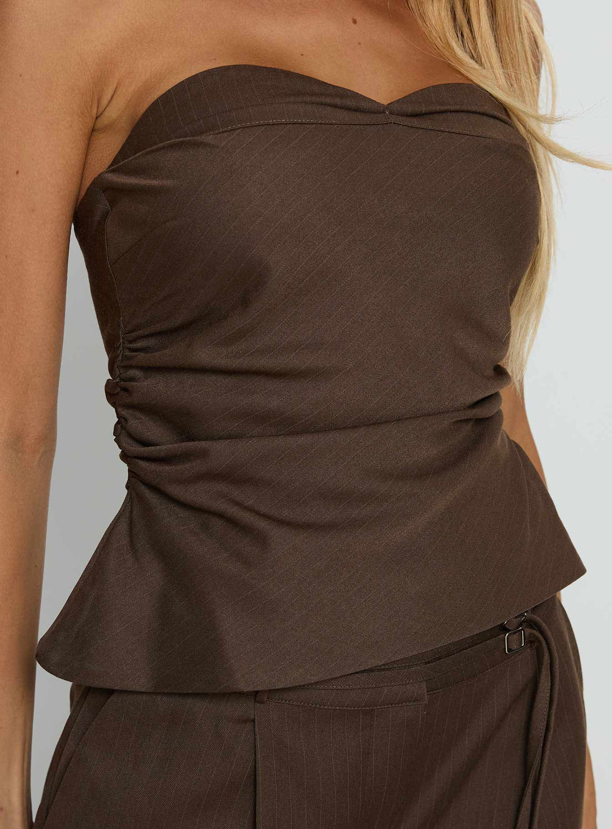 Keighly Strapless Draped Top Brown Pinstripe