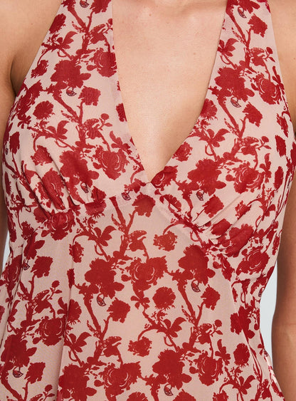 Two Ghosts Low Back Halter Top Red Floral
